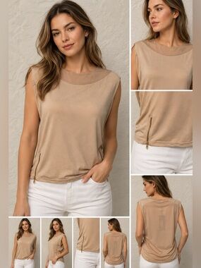 Beige Sleeveless Foldover Shoulder Top Side Zipper Hem Size XS